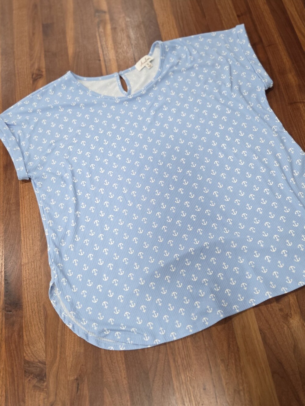 Light Blue Anchor Print Short Sleeve Blouse Keyhole Back Round Neck Anneliese 3x